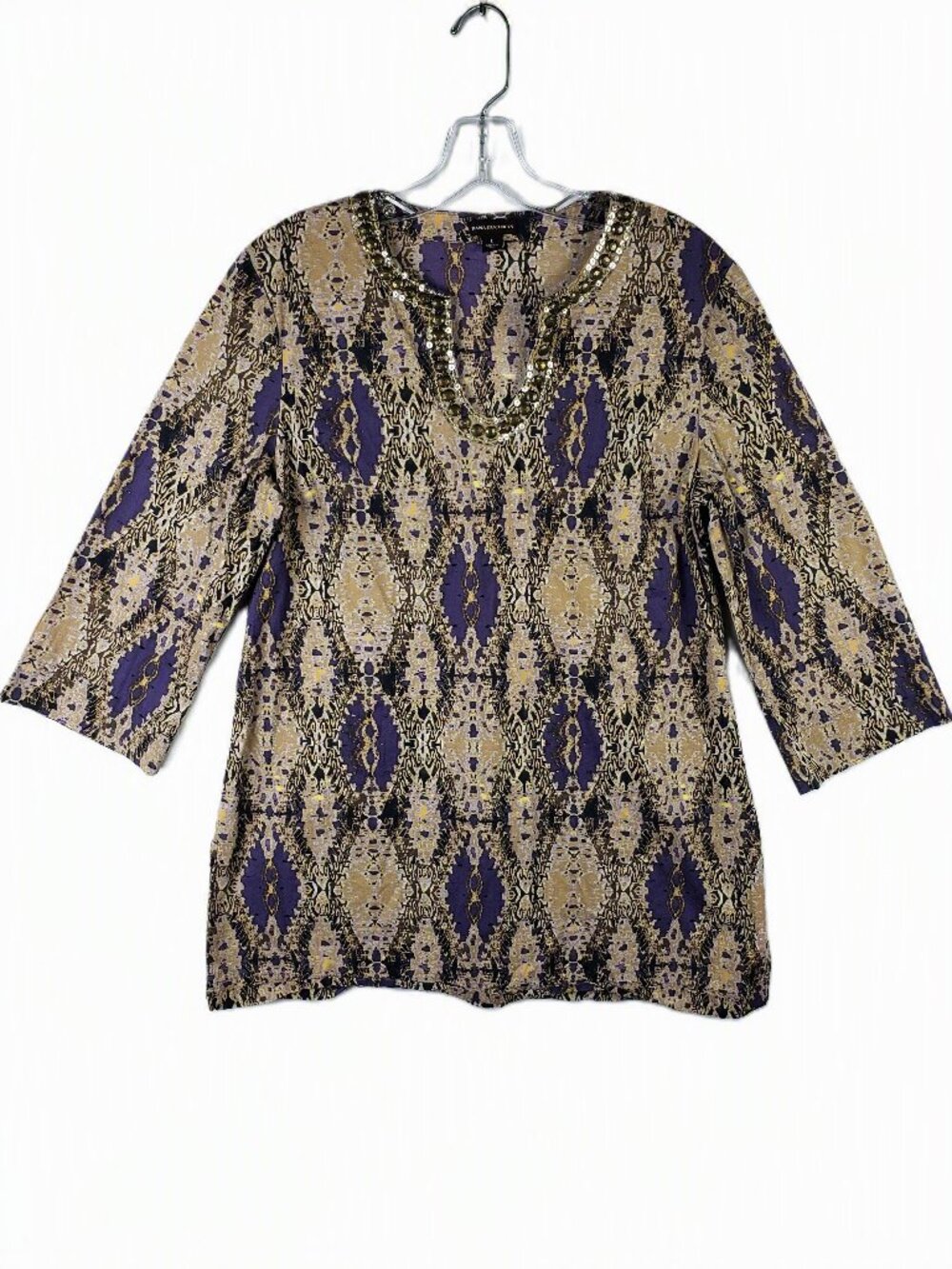 Dana Buchman Tunic Top Cotton Ikat Print Beaded Sequined Neckline Boho size L